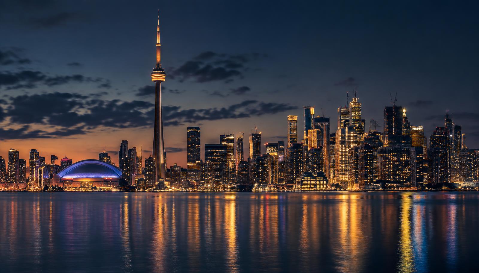 Toronto skyline at dusk across Lake Ontario